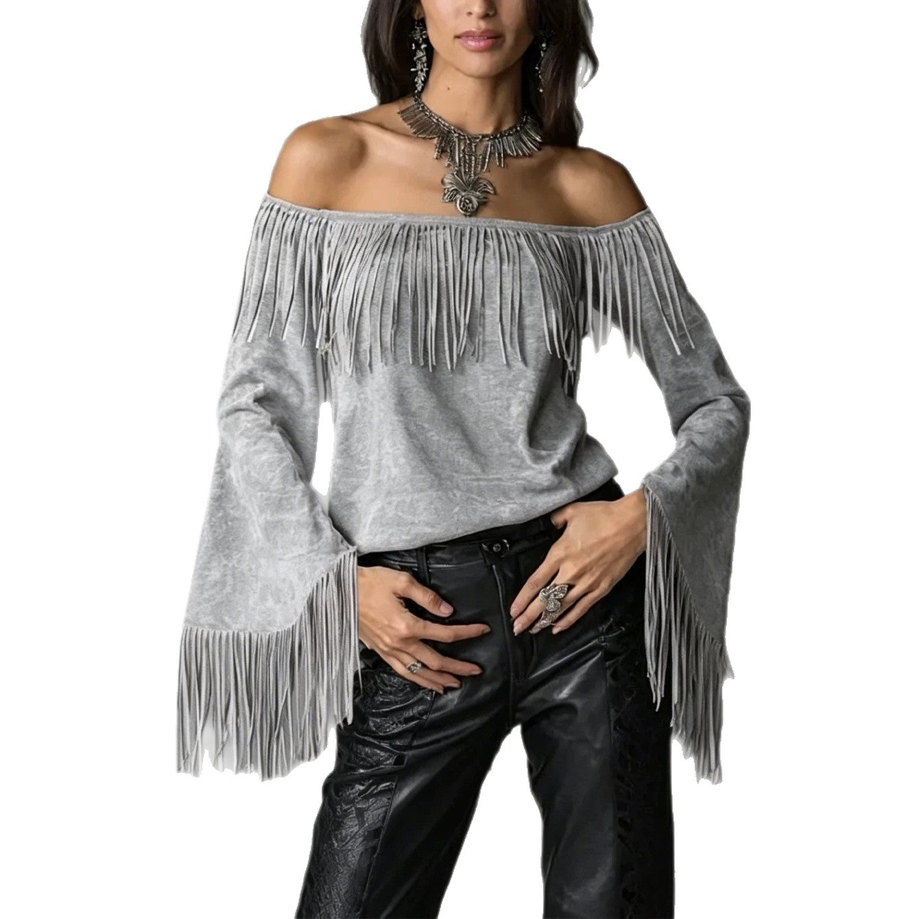 Women's Retro Tassel Suede Flared Long Sleeve Western Women's T-shirt