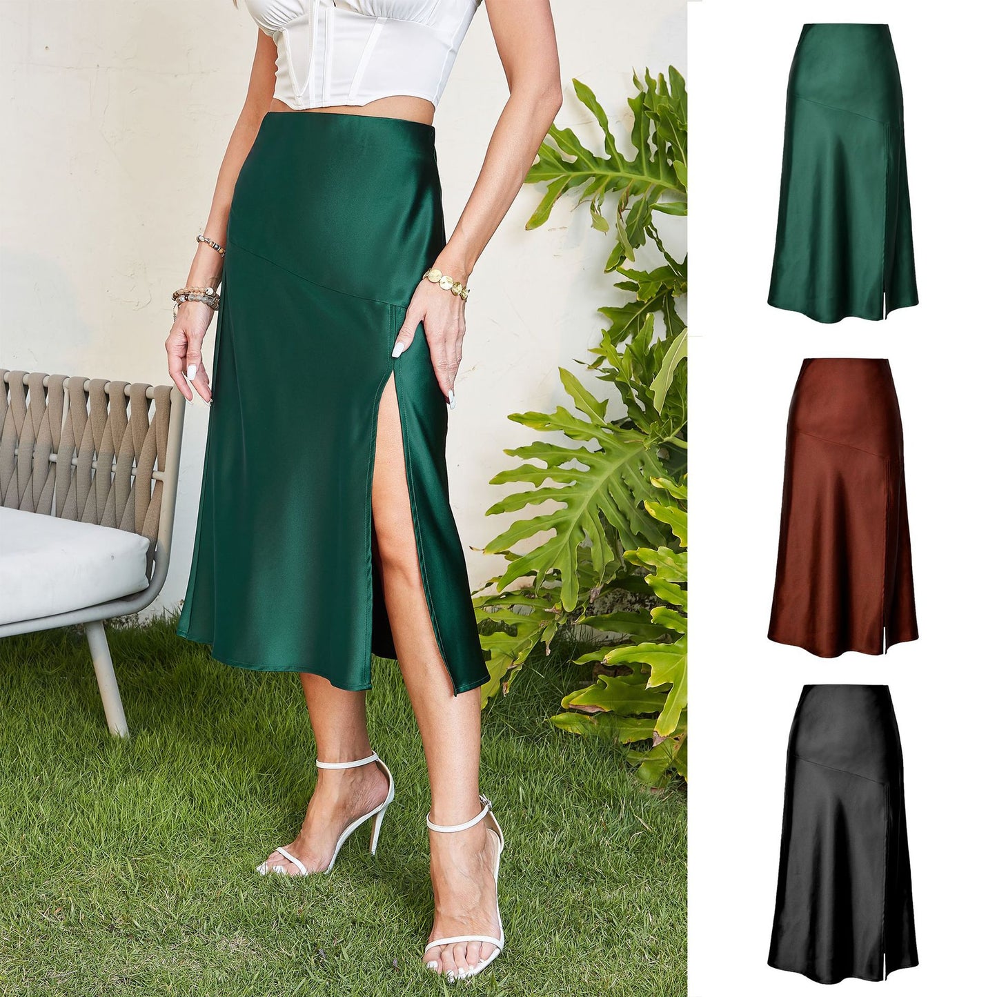 Women's Waist Glossy Satin Silky Pure Color Skirts