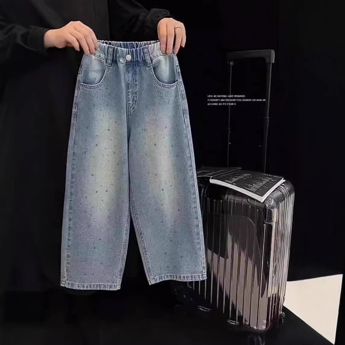 Spring Loose Rhinestone Starry Sky Denim Children's Pants