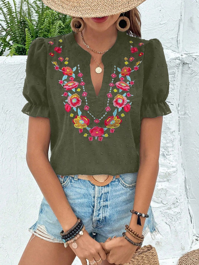 Attractive Women's Floral Embroidered Puff Sleeve Shorts