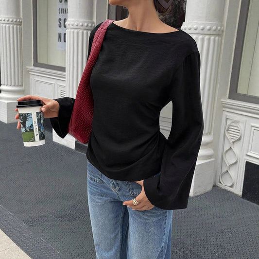Casual Easy Matching Waisted Boat Neck Personality Street Trumpet Tops