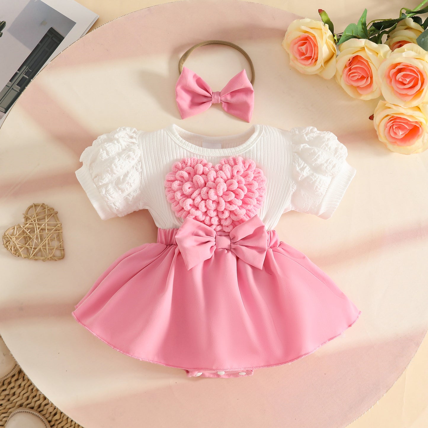 Sweet Three-dimensional Love Puff Sleeve Short-sleeved Summer Bow Jumpsuit With Children's Dress