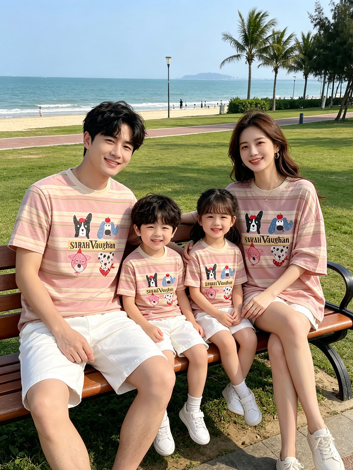 Cartoon Puppy Short Sleeve Family Four Seaside Vacation Loose Western Parent-child Outfit