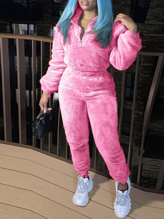 Women's Solid Color Long-sleeved Trousers Plush Fashion Casual Suit