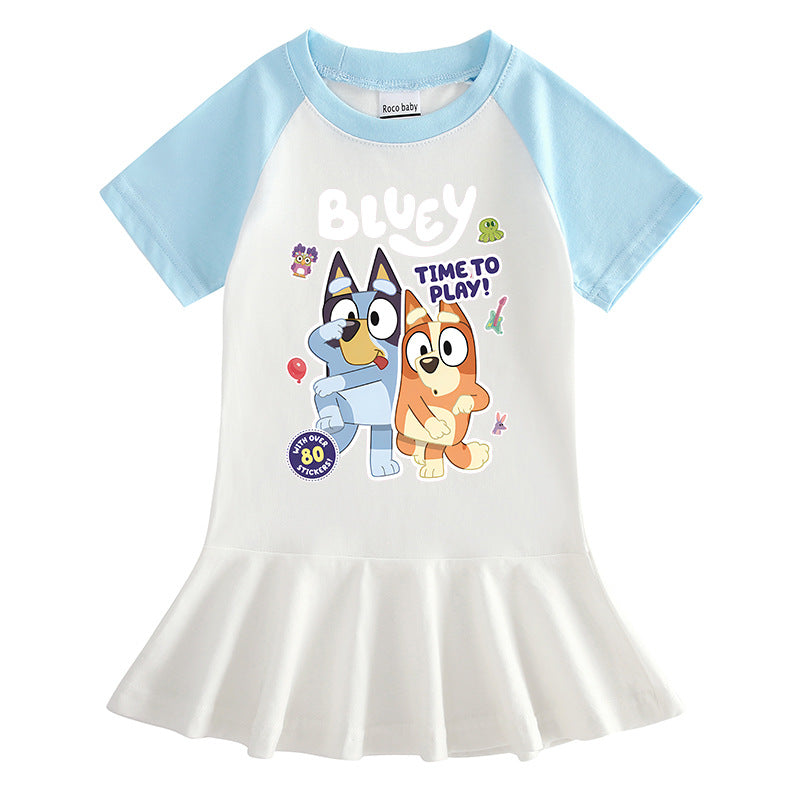 Children's Clothing Cartoon Half Sleeve Contrast Color Fashionable Pleated Children's Dress
