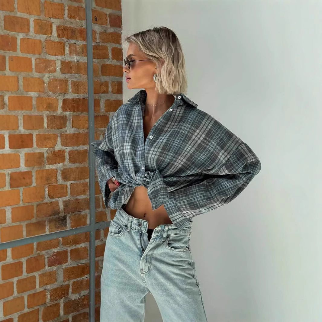 Women's Design Sense Niche American Retro Plaid Shirt Loose Long Blouse
