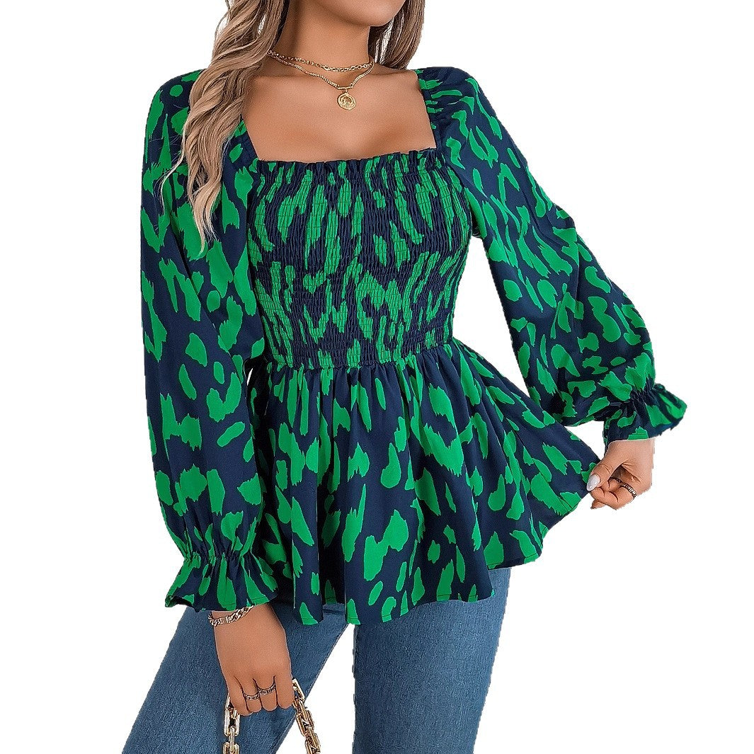 Women's Ear Square Collar Leopard Print Long Clothing