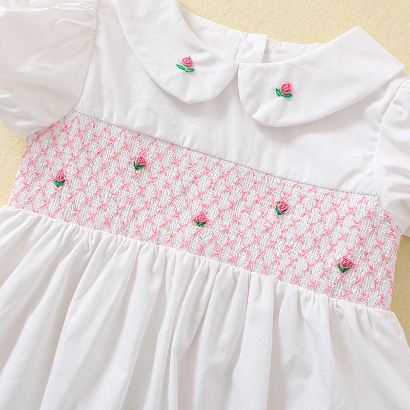 Children's Smocking Embroidered White Skirt Cotton Small Older Short Sleeve Children's Dress