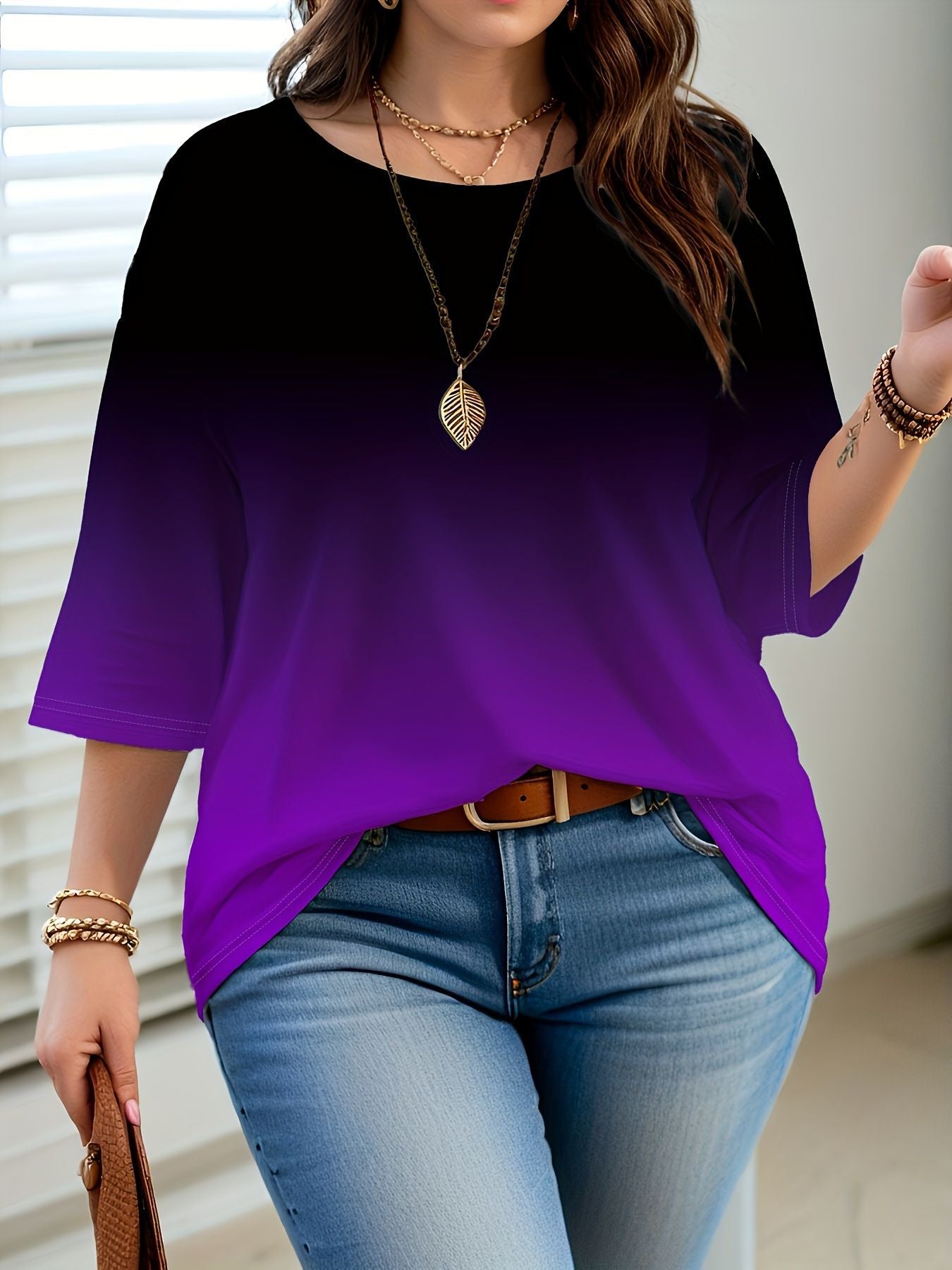 Women's Printed Fashion Gradient Color Sleeve Casual Round Tops