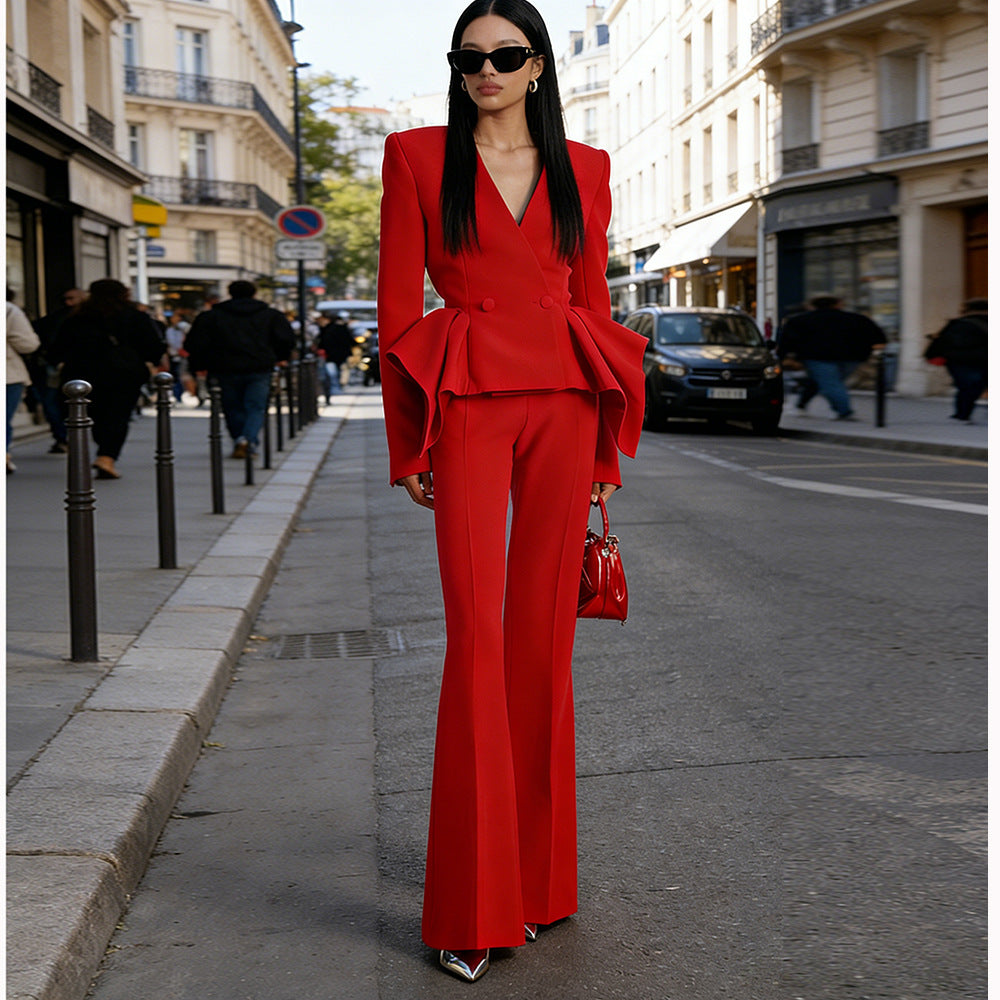 Stylish Designer Ruffle Slim Two-piece Set Fashion Casual Suit