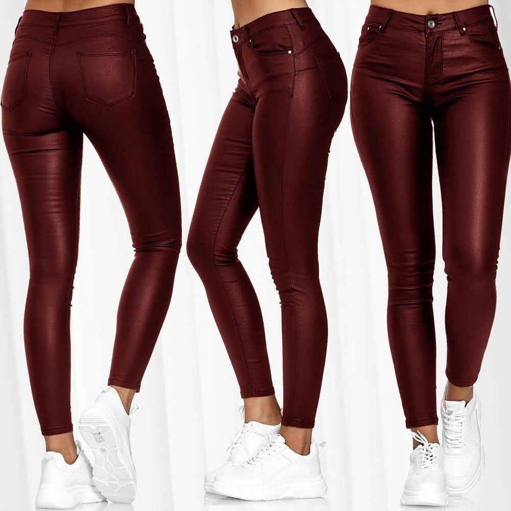 Women's High Waist Pure Color Leather Skinny Casual Pants