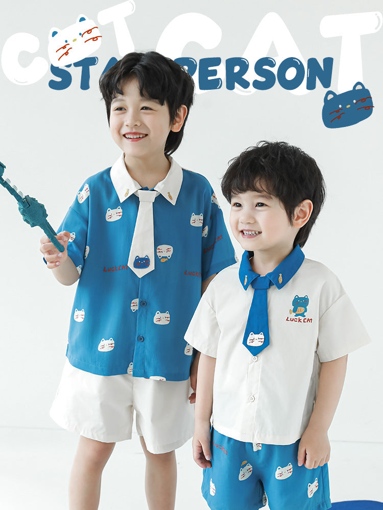 Cat Printing Short-sleeved Contrast Color Loose Shirt Cool Shorts Series Children's T-shirt