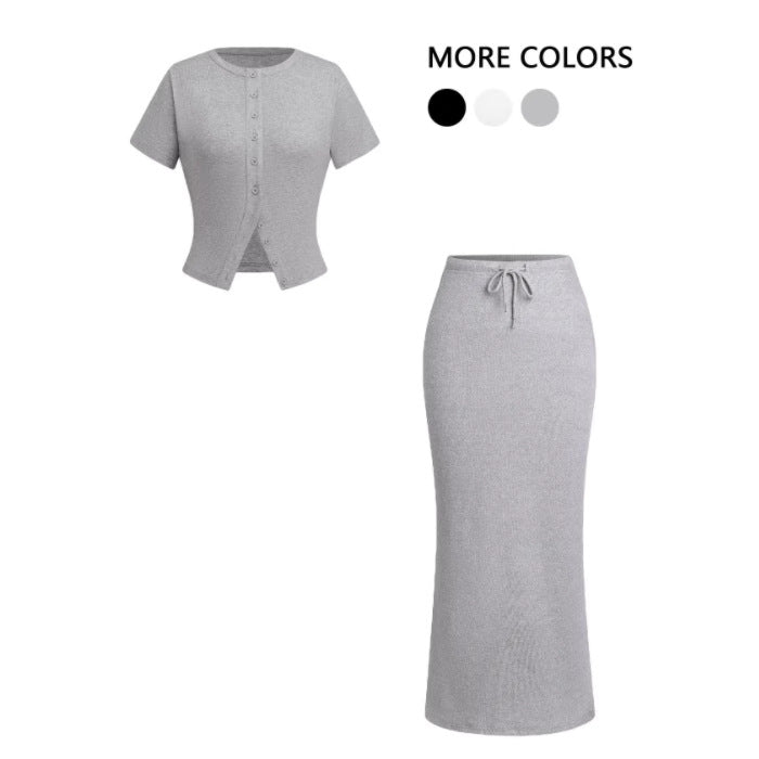 Summer Buttoned Short-sleeved Dress Female Ornament Fashion Casual Suit