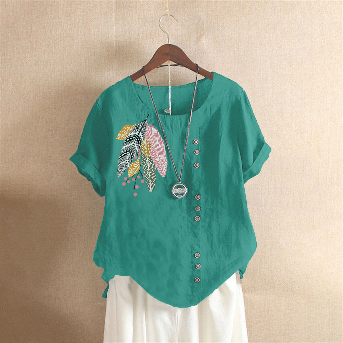 Women's Summer Retro Large Casual Loose Cotton Linen Sleeve Women's T-shirt