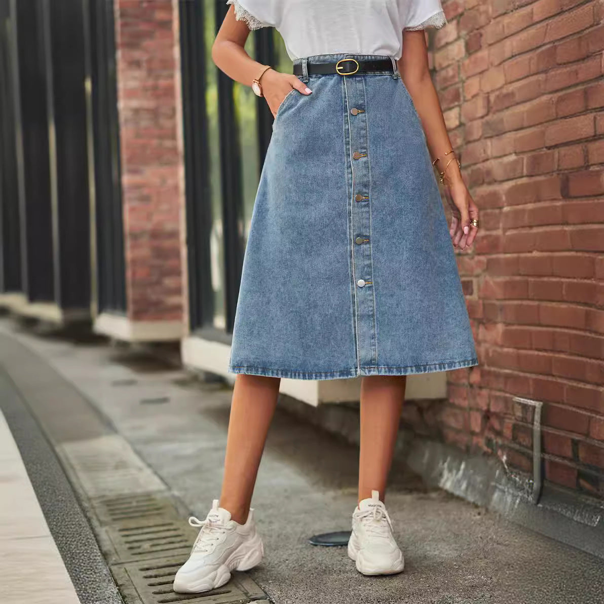 Women's Slimming Washed Denim Breasted For Skirt
