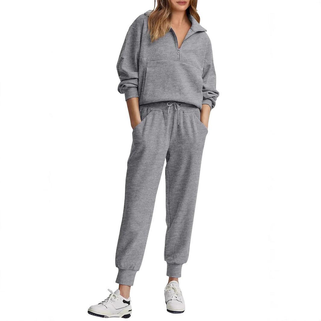 Unique Women's Half Zipper Long-sleeved Trousers Sweaters