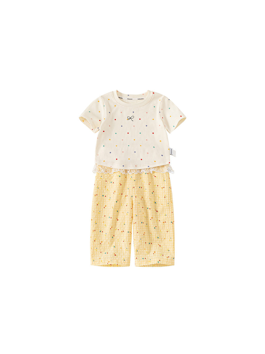 Children's Summer Sweet Polka Dot Short Sleeve Lace Casual Pants Two-piece Children's Suit
