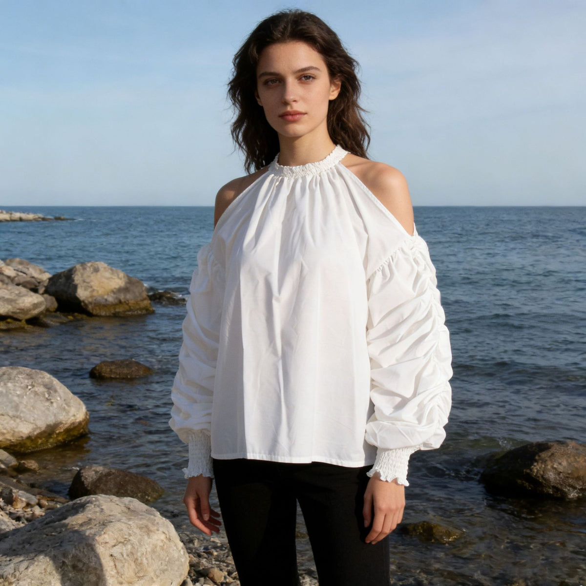 Women's Autumn High-grade Fashion Round Neck Lantern Sleeve Solid Color Loose Tops