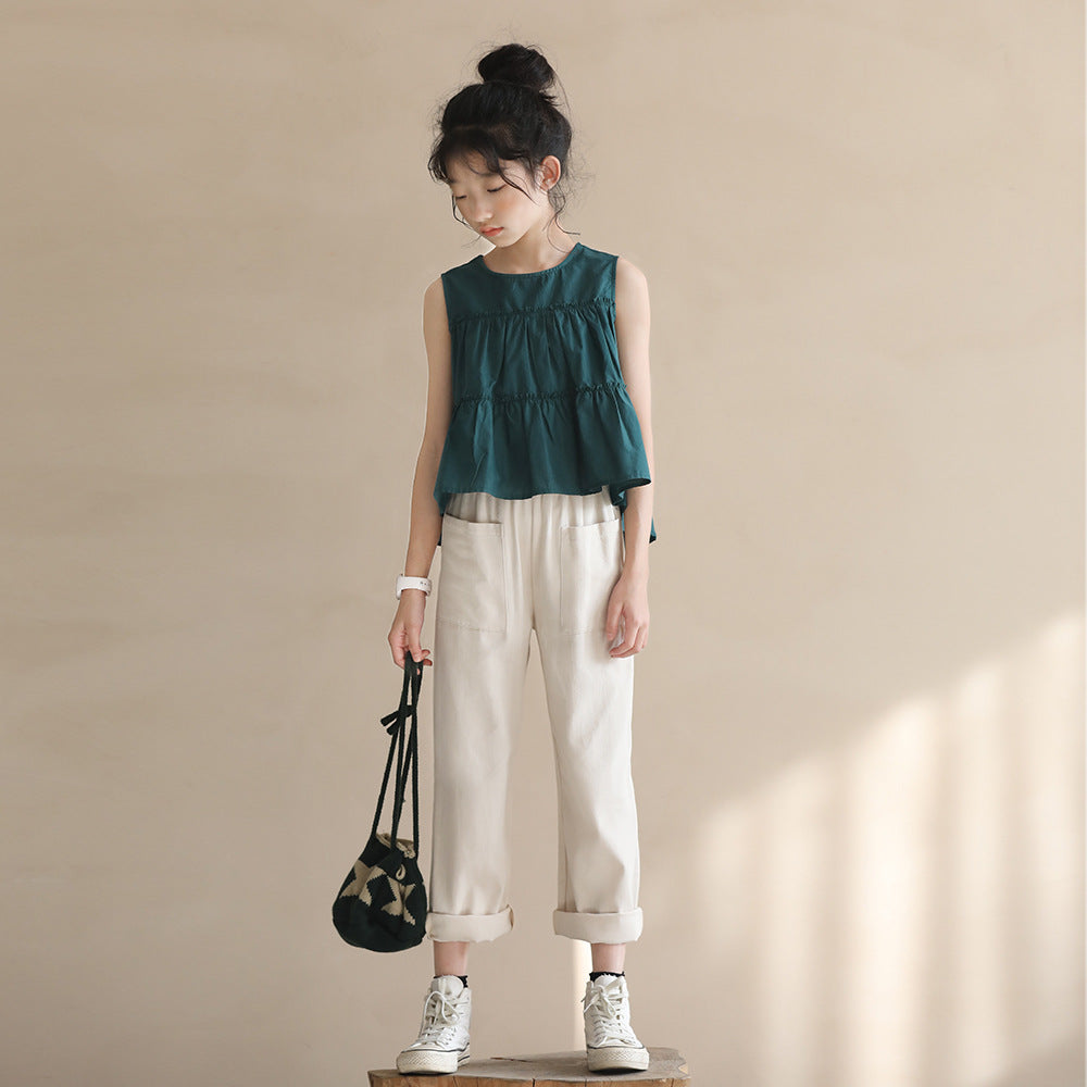Cropped Summer Double Pocket Curling Daddy Medium Large Children's Pants