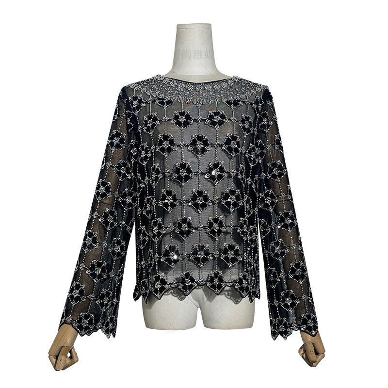 Women's Flower Long Sleeve Pearl Beaded Temperamental Minority Tops