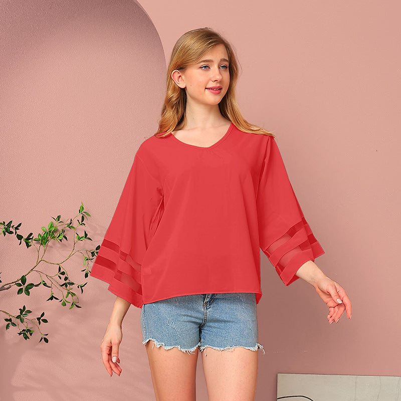 Women's Loose Mesh Stitching Sweet Fresh Style Lace Shirt, Chiffon Shirt