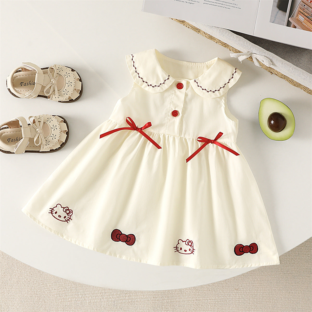 Children's Summer Doll Collar Lapel Bow Cartoon Cat Embroidery Western Children's Dress