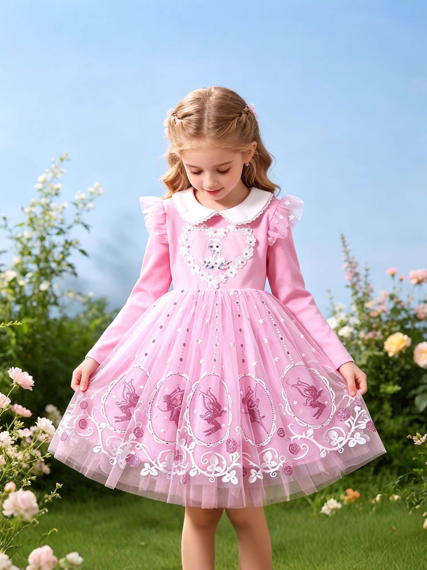 Princess Frozen Lace Collar Skirts Swing Sequined Children's Dress