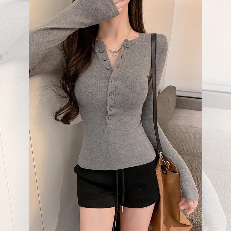 Women's Henley Collar Long-sleeved Design Single-breasted Slim Fit Tops