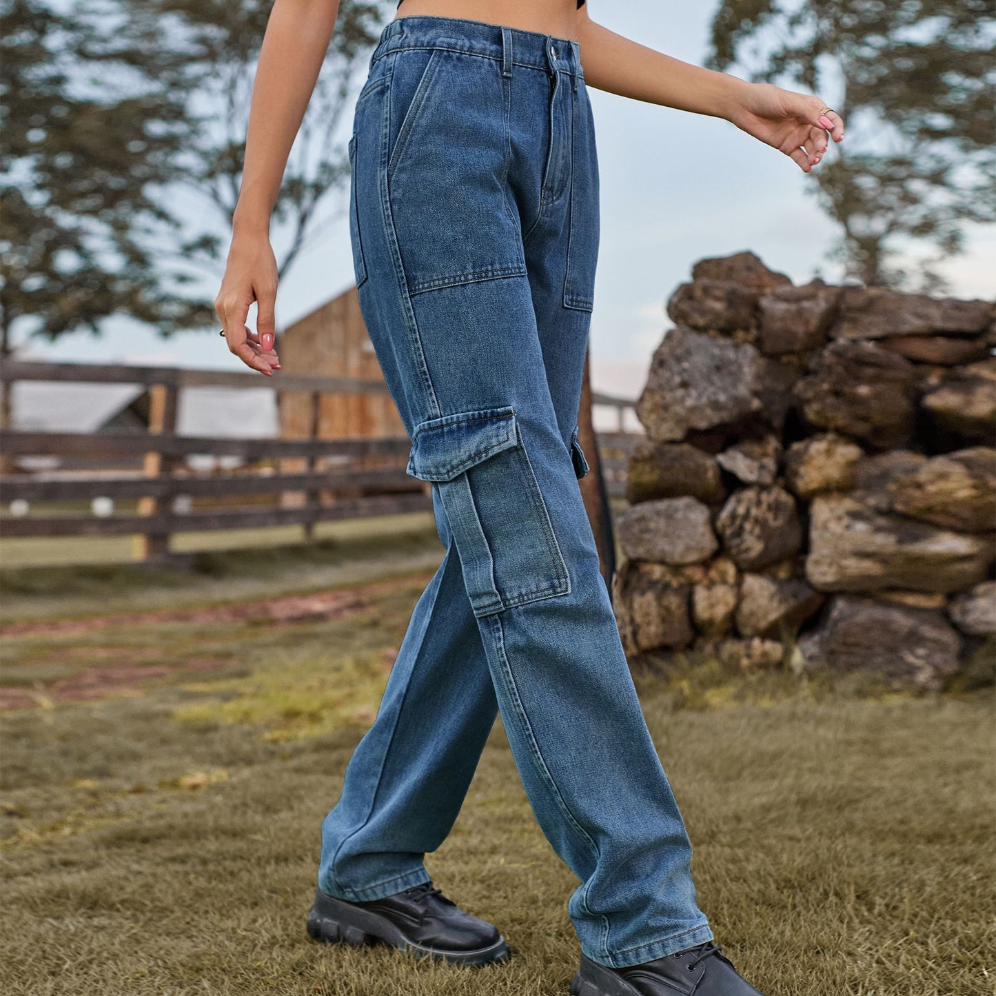Women's American Retro Washed Design Personality Denim Cargo Women's Jeans