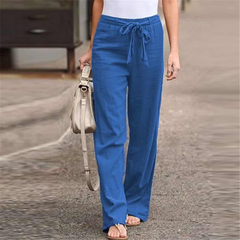 Women's Summer Elastic Waist Solid Color Cotton Linen Belt Wide Pants