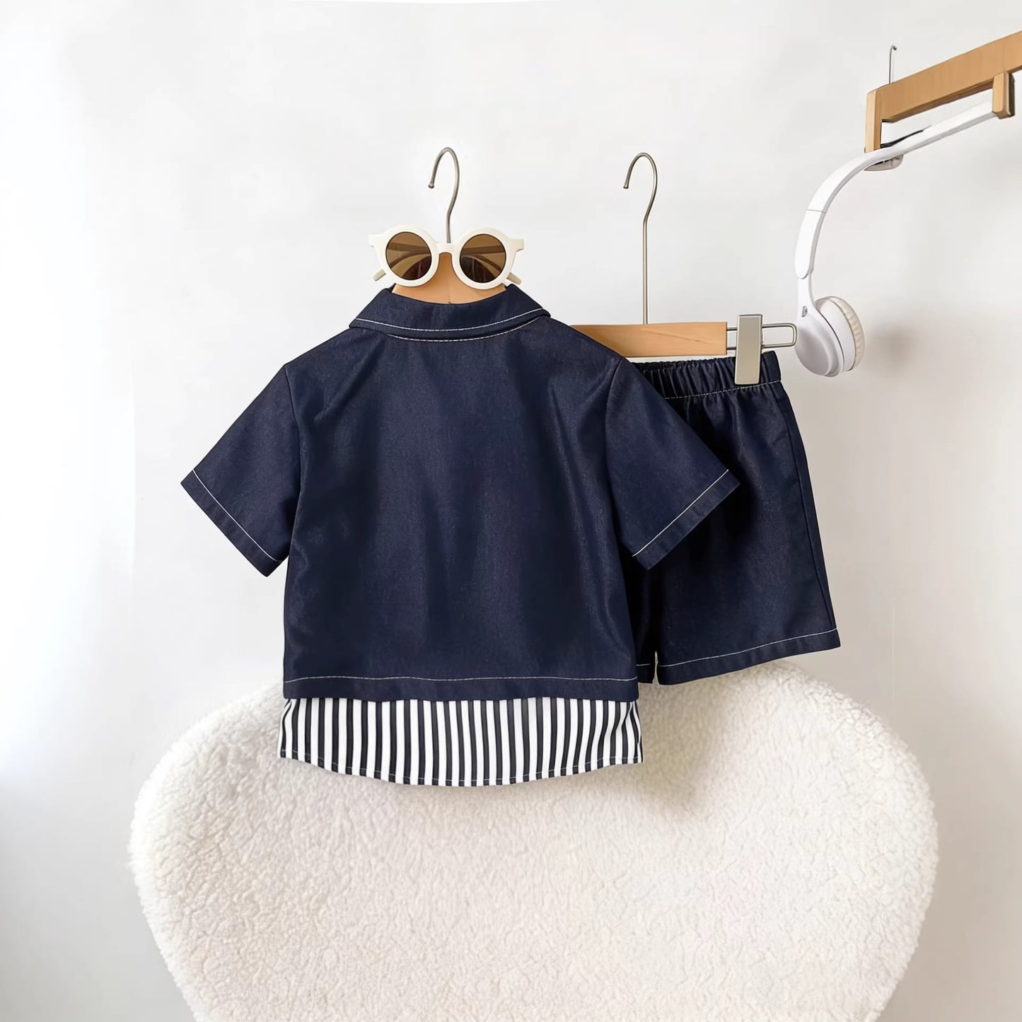 Children's Summer Denim Trendy Korean Casual Fashion Lapel Shirt Shorts Two-piece Children's Suit