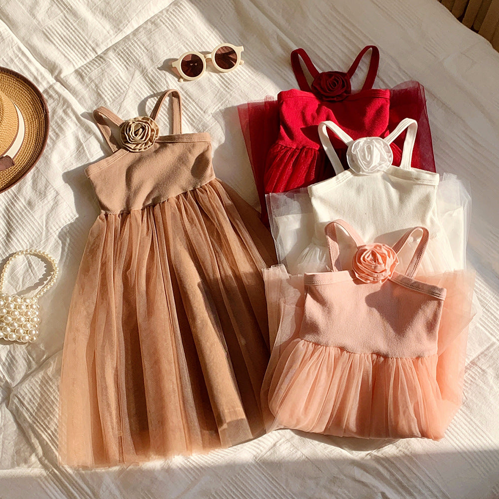 French Rose Strap Sweet Western Style Mesh Children's Dress