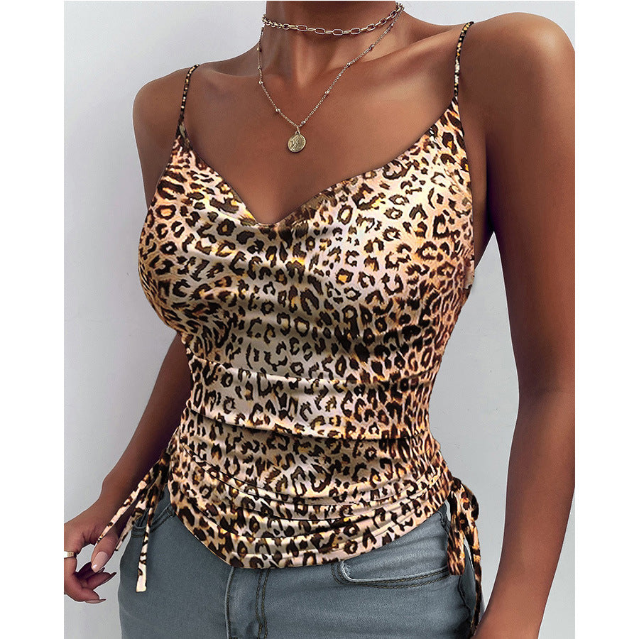 Women's Printed Camisole Solid Color Deep Strap Tight Drawstring Small Vest/suspenders/tube Top