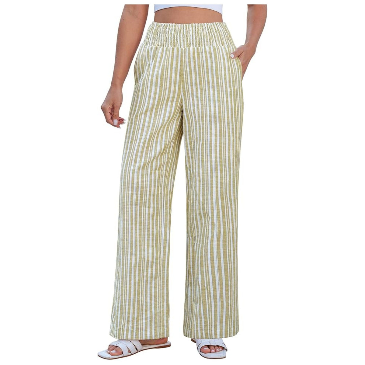 Women's Striped Loose Smocking High Waist Casual Pants