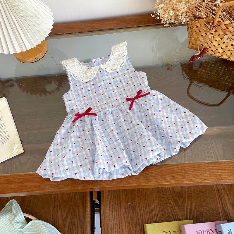 Women's & Children's Summer Blue Plaid Heart Printing Vest Children's Dress