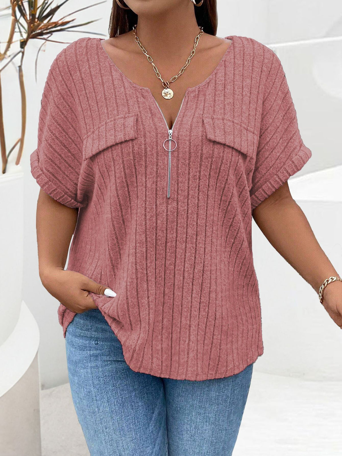 Women's Solid Color Clothes Zipper Sleeve Faux Pocket Pullover Tops