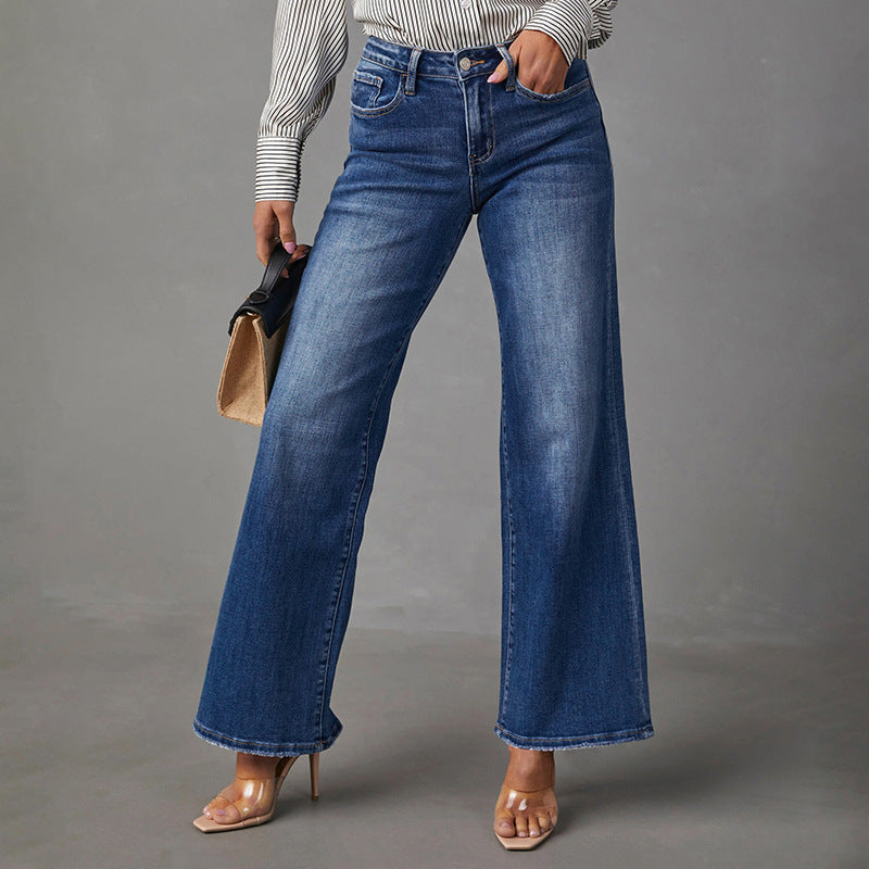 Women's Washed Dark Blue Straight High Elasticity Denim Super Women's Jeans