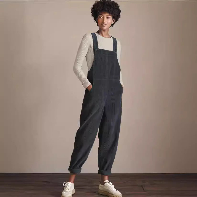 Elegant Solid Color Corduroy Pocket Overalls Casual Pants