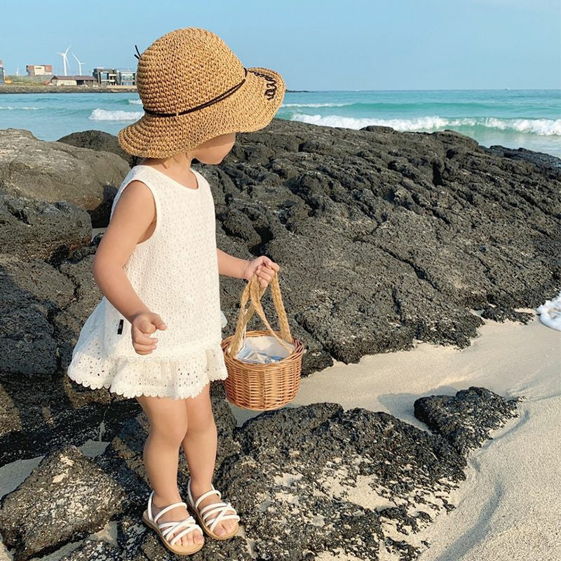 Summer Western Style Cool Popular Korean Hollow Lace Vest Short Children's Suit