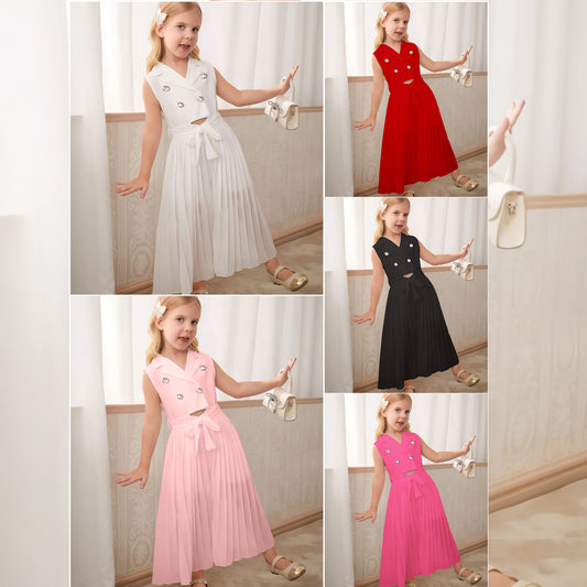 Fashion Tailored Collar Sleeveless Top Pleated Skirt Two-piece Children's Suit