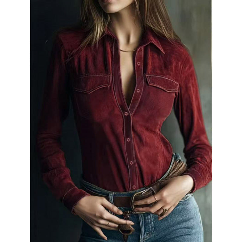Women's Fashion Long Sleeve Deerskin Veet Shirt Blouse