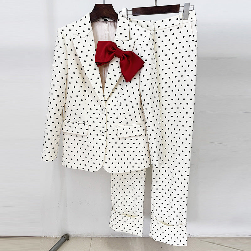 Bow Decoration Polka Dot Dots Trousers Two-piece Fashion Casual Suit