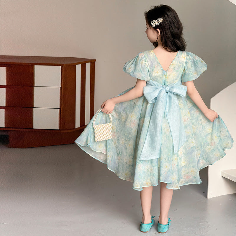 Summer Fresh Puff Sleeve Lightweight Large Children's Dress