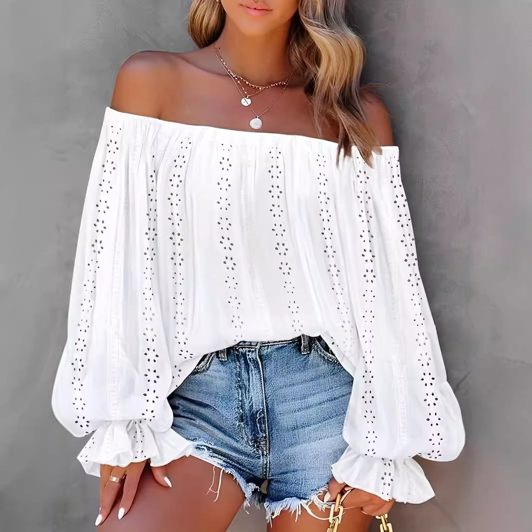 Women's Lantern Sleeve Long Always Collar Lace Shirt, Chiffon Shirt