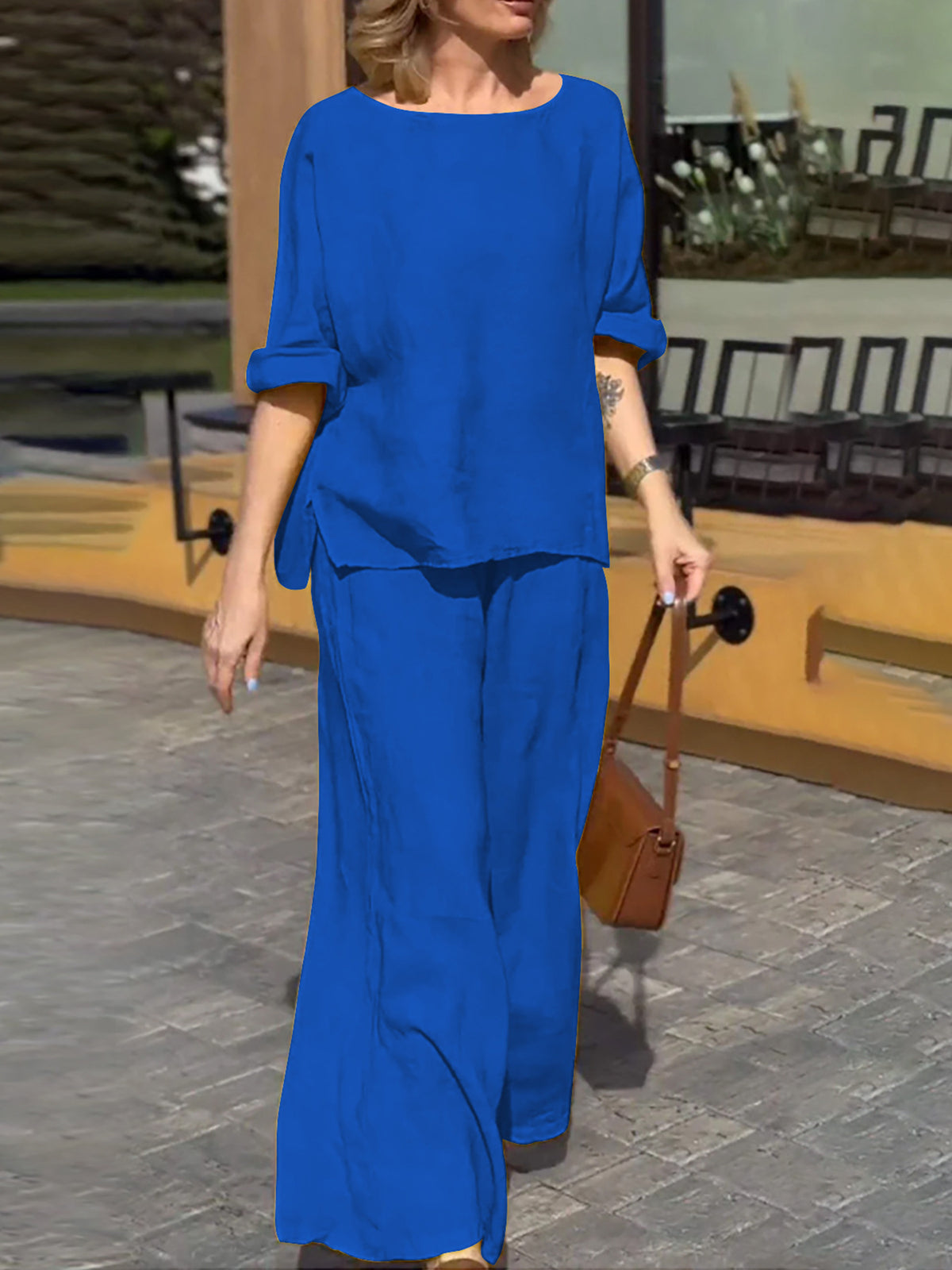 Women's Cotton Linen Solid Color Loose Trousers Suits