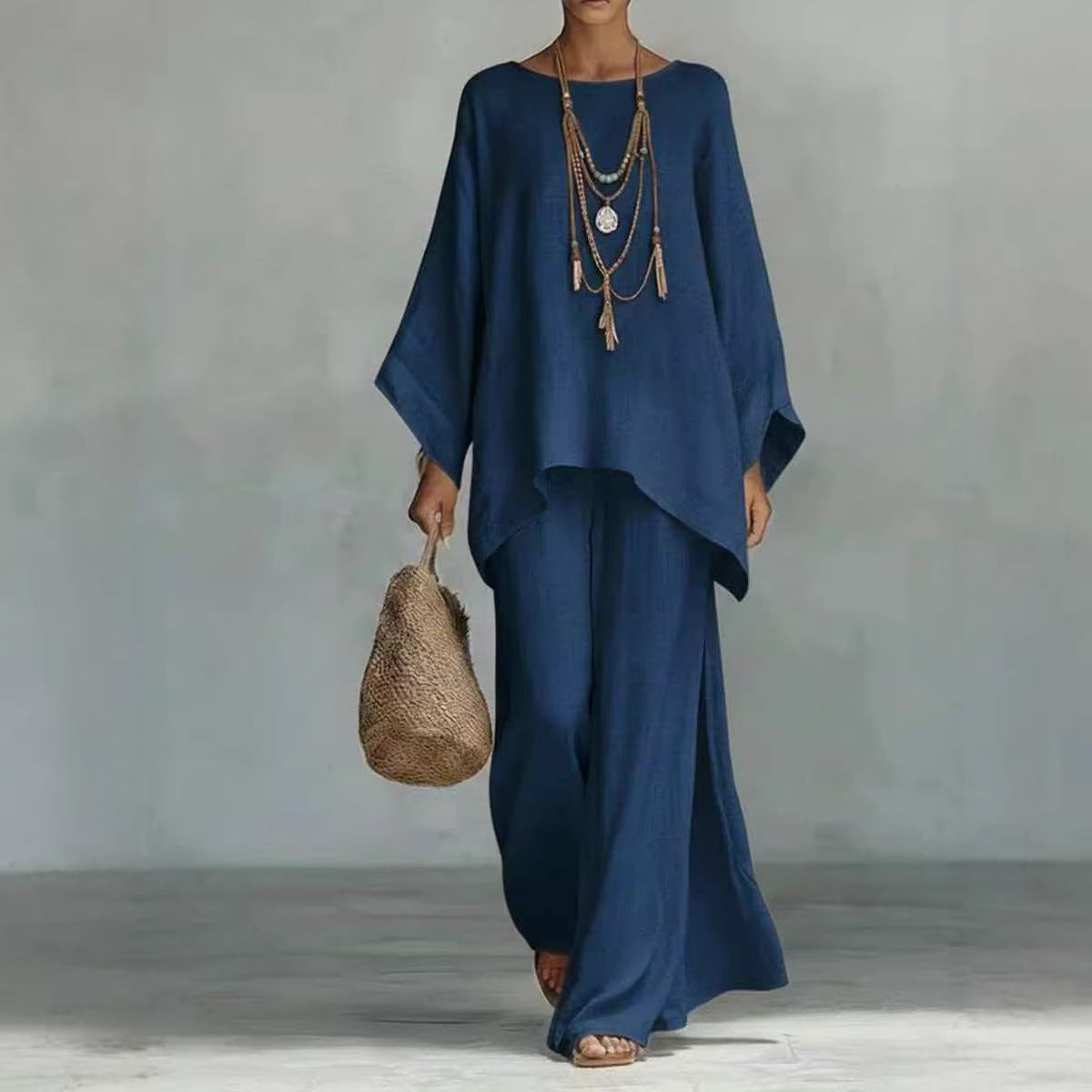 Women's Loose Linen Blended Solid Color Shirt Wide Fashion Casual Suit