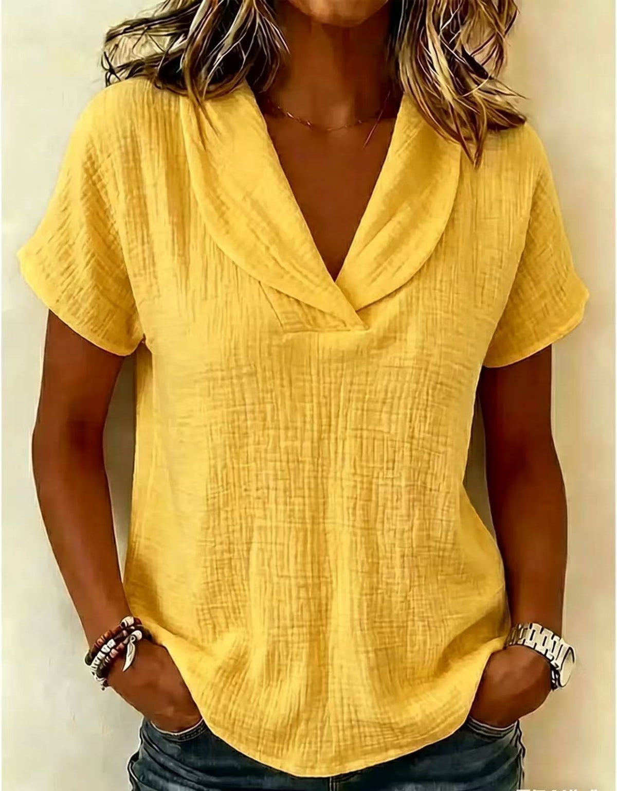 Women's Summer Woven Short-sleeved Shirt Doll Collar Clothing