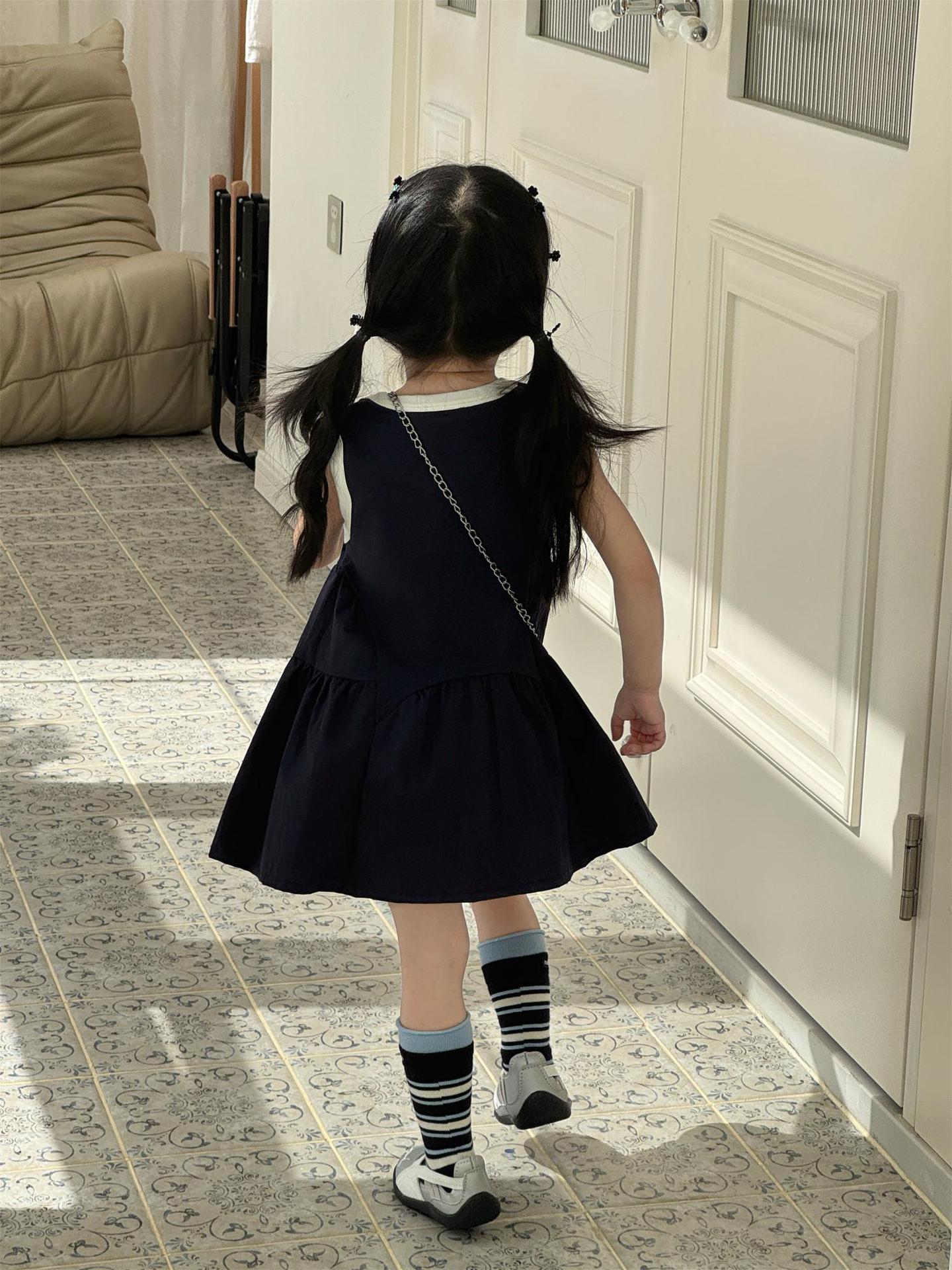 Western Style Ruffled Hem Crew Neck Navy Blue Vest Children's Dress