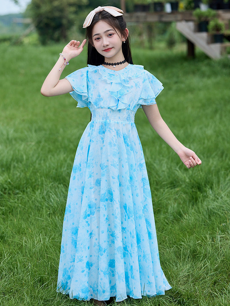 Summer Skirt Clothing Middle Big Fashionable Stylish Floral Children's Dress