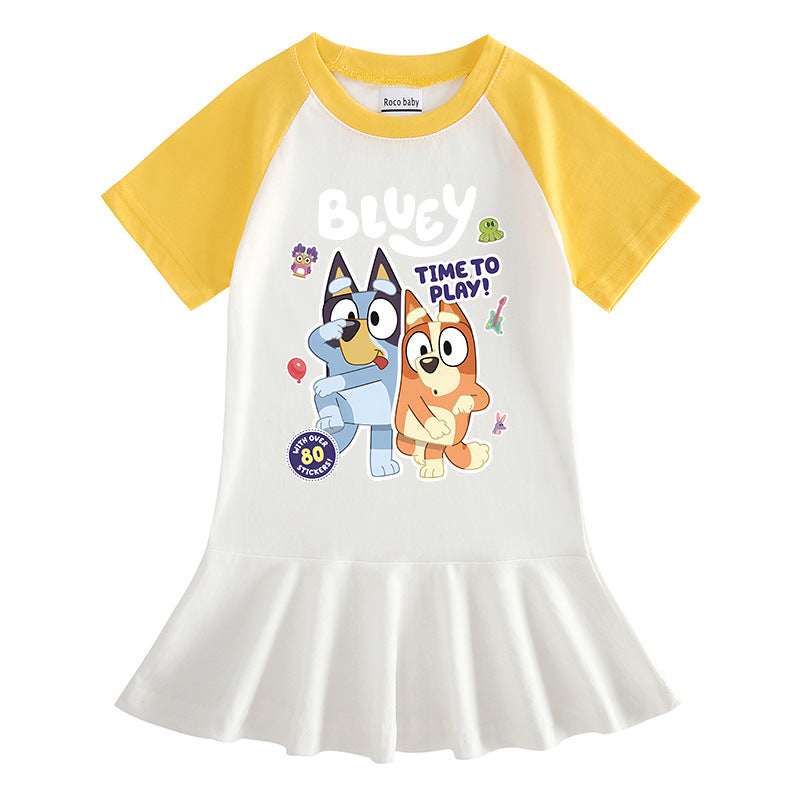 Children's Clothing Cartoon Half Sleeve Contrast Color Fashionable Pleated Children's Dress